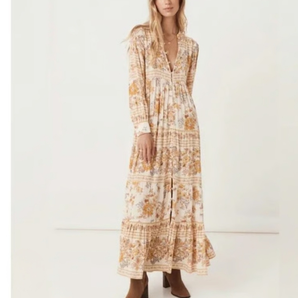 SPELL & THE GYPSY Meadowland Gown Neutral Brown Shades Button Down Maxi Dress